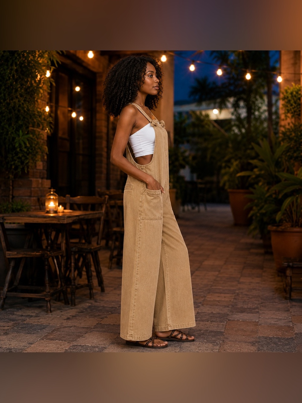 🆕 FREE Cami w/Camel Washed Knot Strap Wide Leg Jumpsuit Overalls - Picture 2 of 3